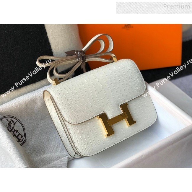 Hermes Constance 18/23cm in Crocodile Embossed Calf Leather White/Gold 2019 (Half Handmade) (FL-9122128)