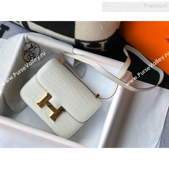 Hermes Constance 18/23cm in Crocodile Embossed Calf Leather White/Gold 2019 (Half Handmade) (FL-9122128)