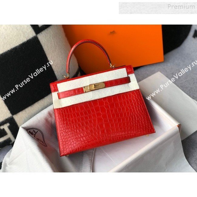 Hermes Kelly 25/28cm in Crocodile Embossed Calf Leather Red/Gold 2019 (Half Handmade) (FL-9122133)