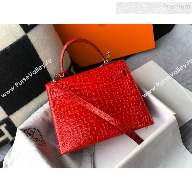 Hermes Kelly 25/28cm in Crocodile Embossed Calf Leather Red/Gold 2019 (Half Handmade) (FL-9122133)