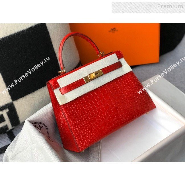 Hermes Kelly 25/28cm in Crocodile Embossed Calf Leather Red/Gold 2019 (Half Handmade) (FL-9122133)