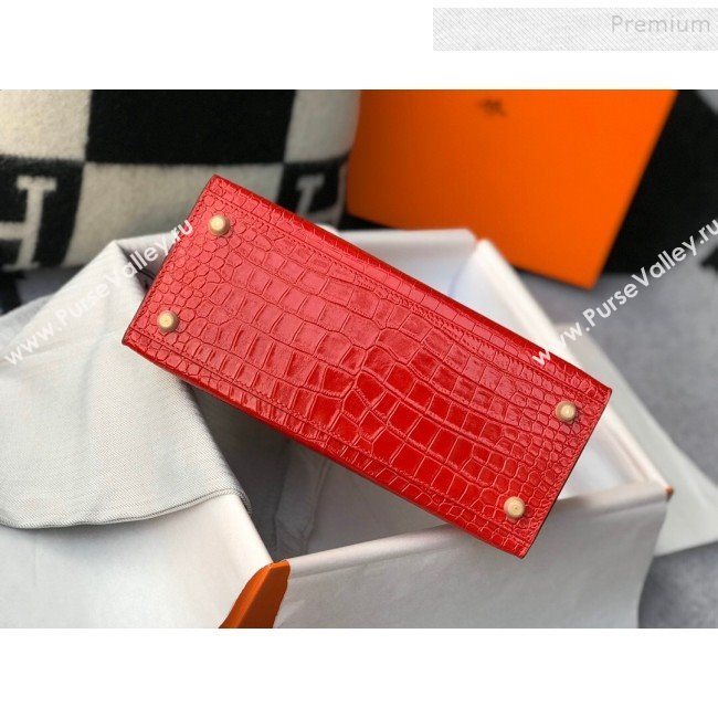 Hermes Kelly 25/28cm in Crocodile Embossed Calf Leather Red/Gold 2019 (Half Handmade) (FL-9122133)