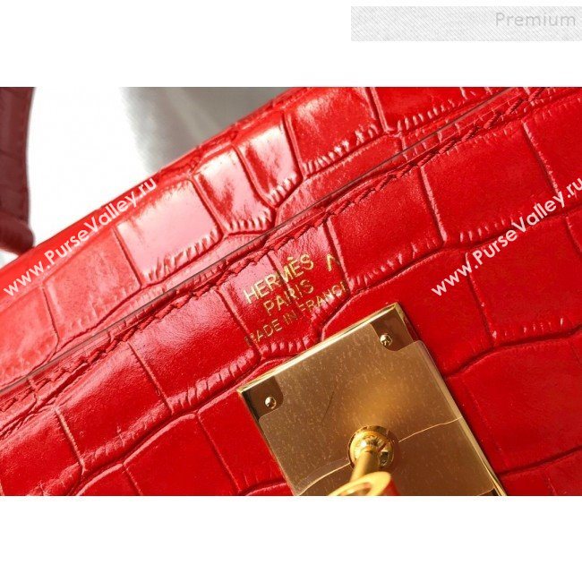 Hermes Kelly 25/28cm in Crocodile Embossed Calf Leather Red/Gold 2019 (Half Handmade) (FL-9122133)