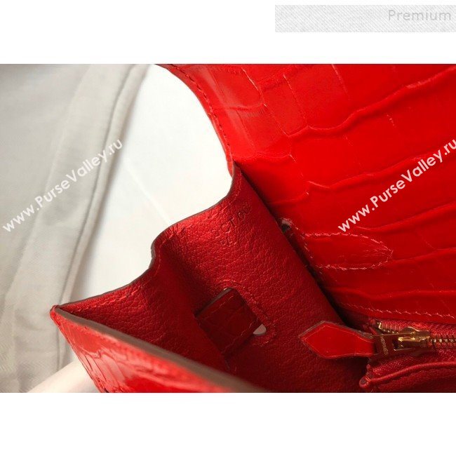 Hermes Kelly 25/28cm in Crocodile Embossed Calf Leather Red/Gold 2019 (Half Handmade) (FL-9122133)