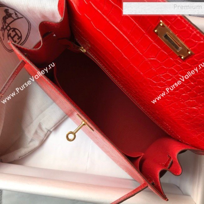 Hermes Kelly 25/28cm in Crocodile Embossed Calf Leather Red/Gold 2019 (Half Handmade) (FL-9122133)