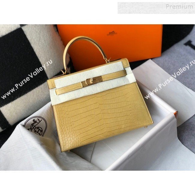 Hermes Kelly 25/28cm in Crocodile Embossed Calf Leather Light Yellow/Gold 2019 (Half Handmade) (FL-9122132)