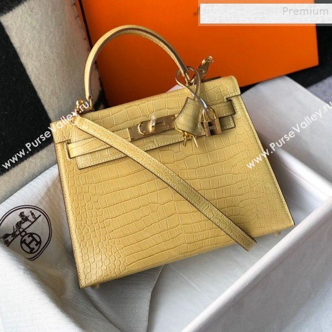 Hermes Kelly 25/28cm in Crocodile Embossed Calf Leather Light Yellow/Gold 2019 (Half Handmade) (FL-9122132)