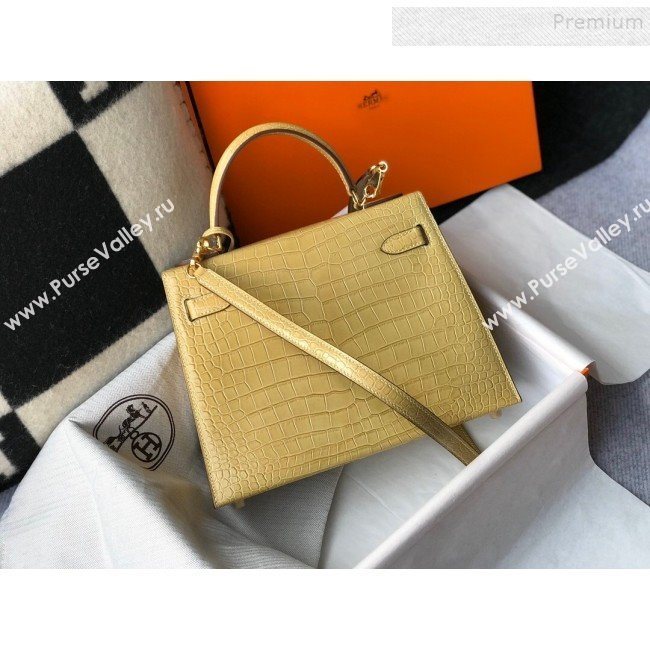 Hermes Kelly 25/28cm in Crocodile Embossed Calf Leather Light Yellow/Gold 2019 (Half Handmade) (FL-9122132)