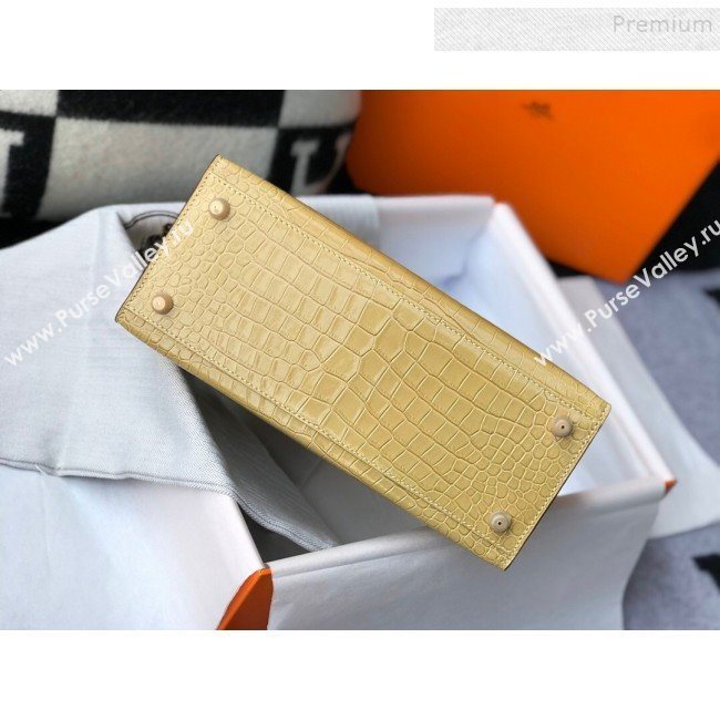 Hermes Kelly 25/28cm in Crocodile Embossed Calf Leather Light Yellow/Gold 2019 (Half Handmade) (FL-9122132)