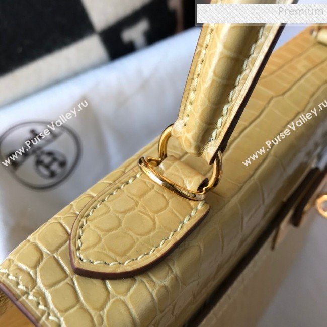 Hermes Kelly 25/28cm in Crocodile Embossed Calf Leather Light Yellow/Gold 2019 (Half Handmade) (FL-9122132)