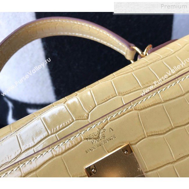 Hermes Kelly 25/28cm in Crocodile Embossed Calf Leather Light Yellow/Gold 2019 (Half Handmade) (FL-9122132)