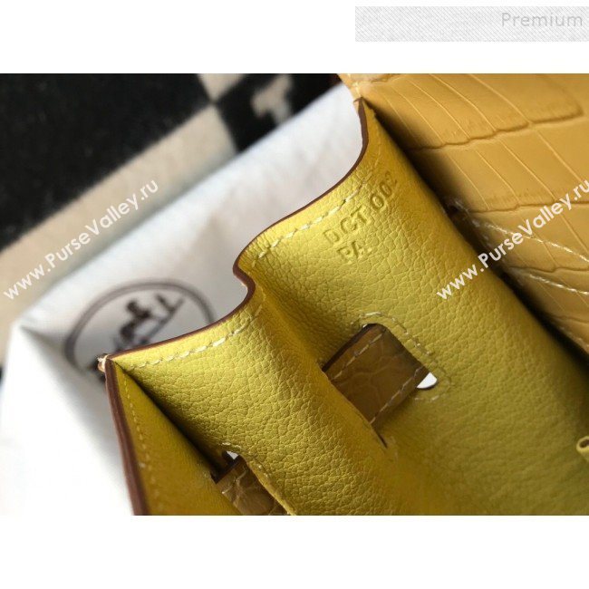 Hermes Kelly 25/28cm in Crocodile Embossed Calf Leather Light Yellow/Gold 2019 (Half Handmade) (FL-9122132)