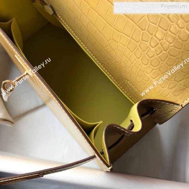 Hermes Kelly 25/28cm in Crocodile Embossed Calf Leather Light Yellow/Gold 2019 (Half Handmade) (FL-9122132)