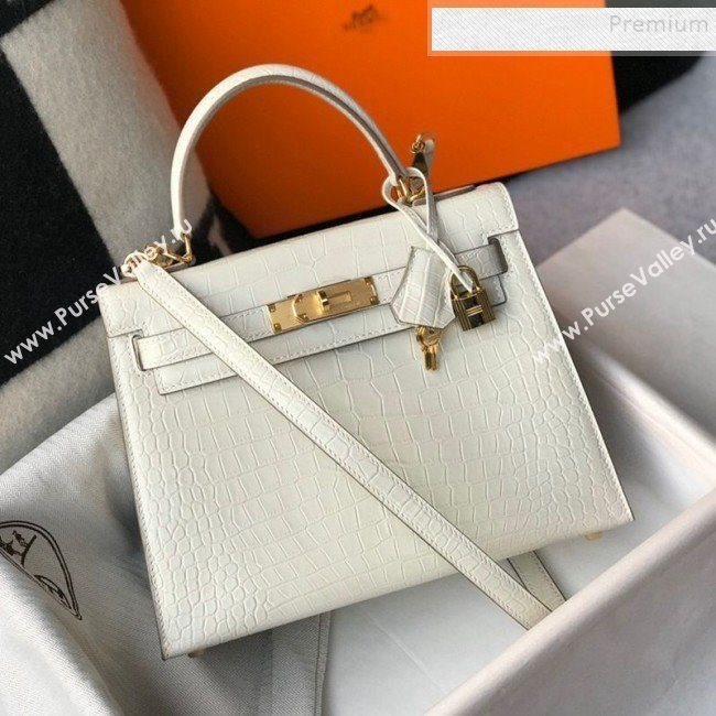 Hermes Kelly 25/28cm in Crocodile Embossed Calf Leather White/Gold 2019 (Half Handmade) (FL-9122134)