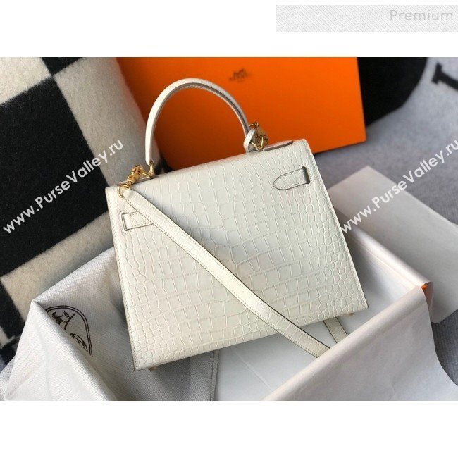 Hermes Kelly 25/28cm in Crocodile Embossed Calf Leather White/Gold 2019 (Half Handmade) (FL-9122134)