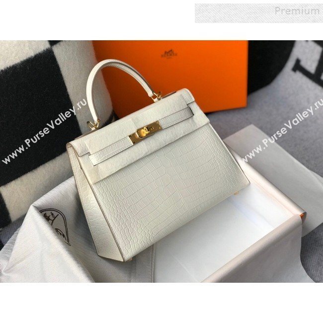 Hermes Kelly 25/28cm in Crocodile Embossed Calf Leather White/Gold 2019 (Half Handmade) (FL-9122134)