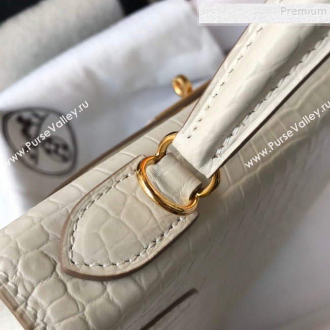 Hermes Kelly 25/28cm in Crocodile Embossed Calf Leather White/Gold 2019 (Half Handmade) (FL-9122134)