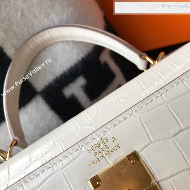 Hermes Kelly 25/28cm in Crocodile Embossed Calf Leather White/Gold 2019 (Half Handmade) (FL-9122134)