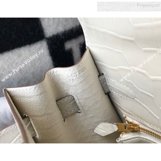 Hermes Kelly 25/28cm in Crocodile Embossed Calf Leather White/Gold 2019 (Half Handmade) (FL-9122134)