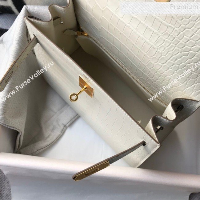 Hermes Kelly 25/28cm in Crocodile Embossed Calf Leather White/Gold 2019 (Half Handmade) (FL-9122134)