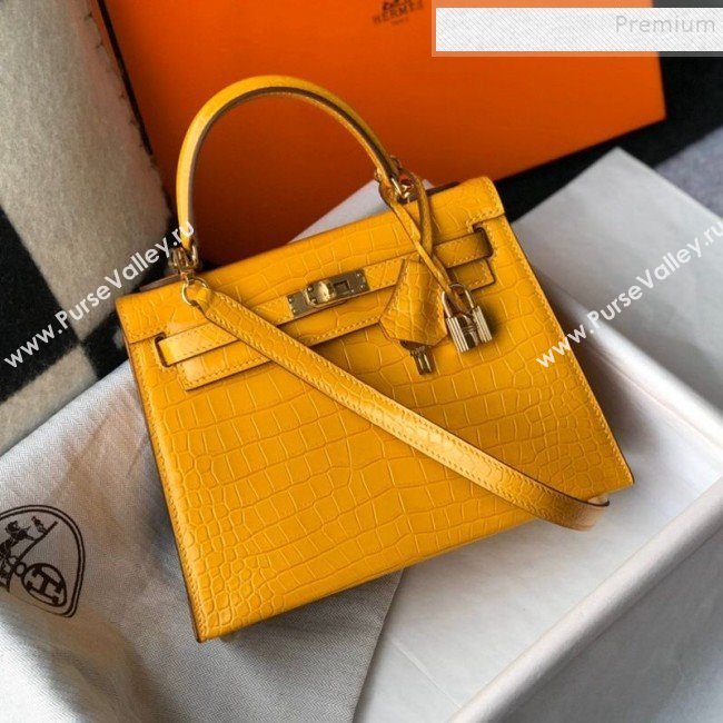 Hermes Kelly 25/28cm in Crocodile Embossed Calf Leather Amber Yellow/Gold 2019 (Half Handmade) (FL-9122131)