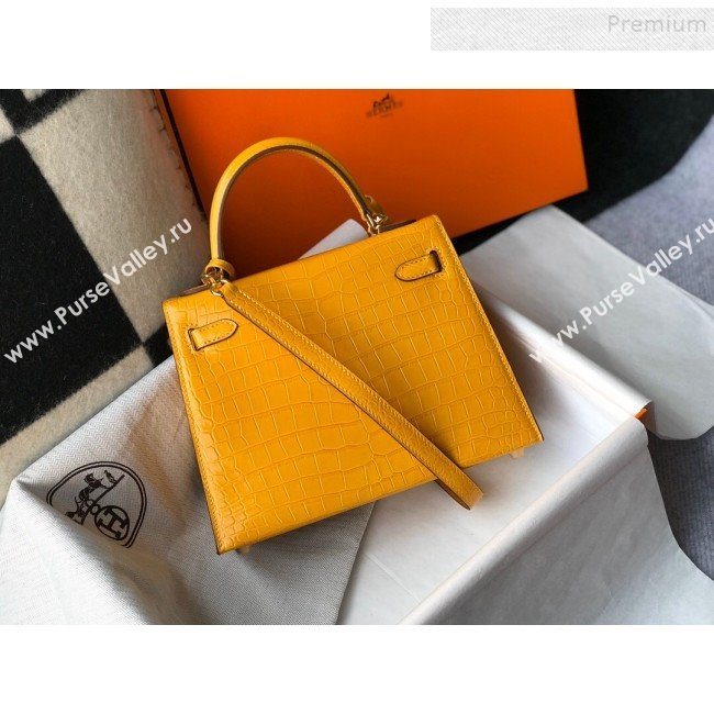 Hermes Kelly 25/28cm in Crocodile Embossed Calf Leather Amber Yellow/Gold 2019 (Half Handmade) (FL-9122131)