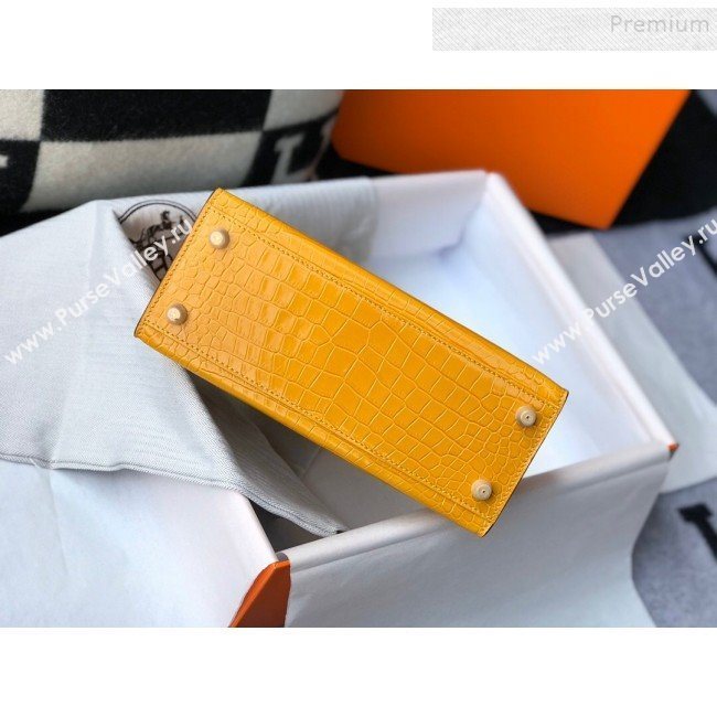 Hermes Kelly 25/28cm in Crocodile Embossed Calf Leather Amber Yellow/Gold 2019 (Half Handmade) (FL-9122131)