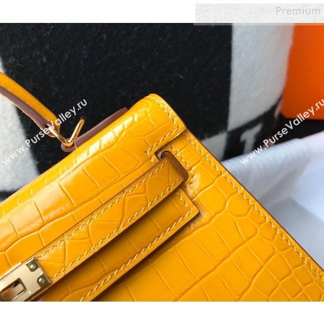 Hermes Kelly 25/28cm in Crocodile Embossed Calf Leather Amber Yellow/Gold 2019 (Half Handmade) (FL-9122131)