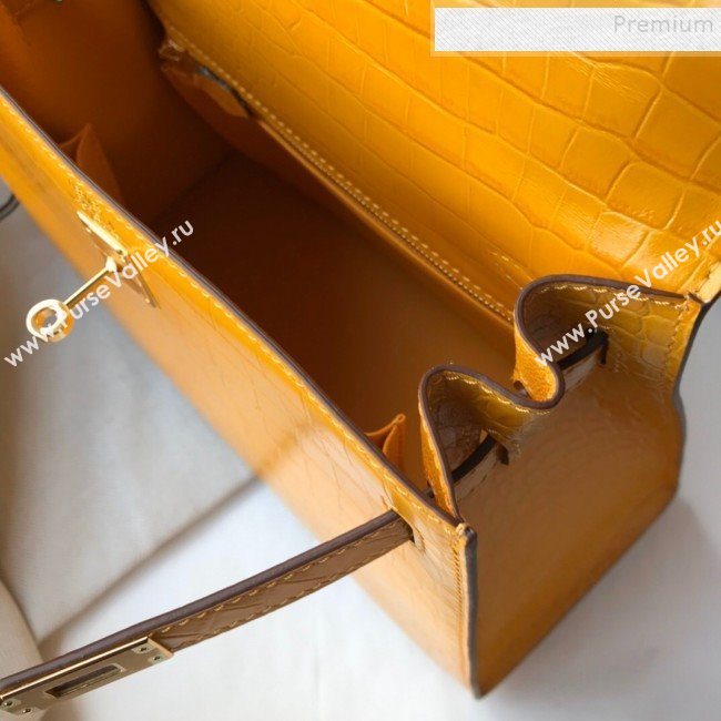 Hermes Kelly 25/28cm in Crocodile Embossed Calf Leather Amber Yellow/Gold 2019 (Half Handmade) (FL-9122131)