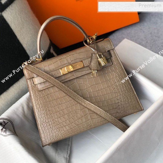 Hermes Kelly 25/28cm in Crocodile Embossed Calf Leather Dove Grey/Gold 2019 (Half Handmade) (FL-9122130)