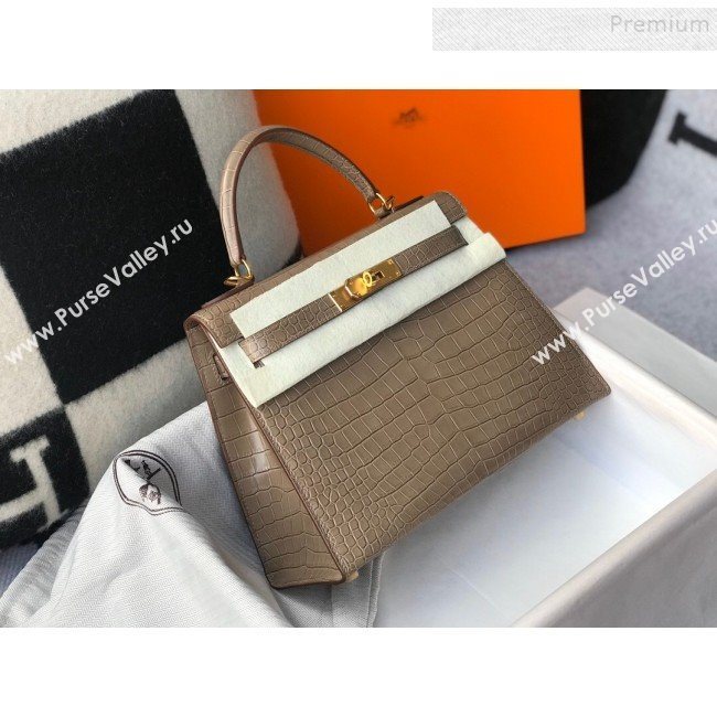 Hermes Kelly 25/28cm in Crocodile Embossed Calf Leather Dove Grey/Gold 2019 (Half Handmade) (FL-9122130)