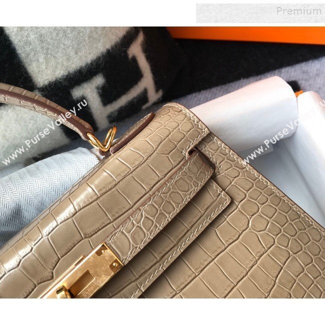 Hermes Kelly 25/28cm in Crocodile Embossed Calf Leather Dove Grey/Gold 2019 (Half Handmade) (FL-9122130)