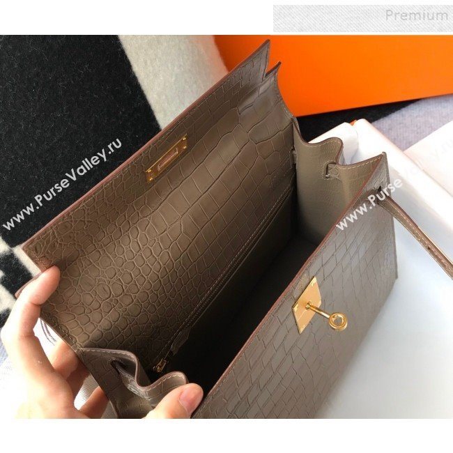 Hermes Kelly 25/28cm in Crocodile Embossed Calf Leather Dove Grey/Gold 2019 (Half Handmade) (FL-9122130)