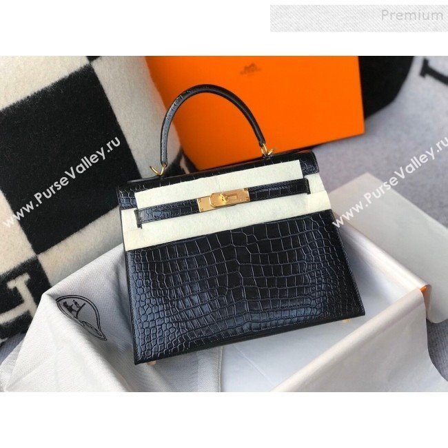 Hermes Kelly 25/28cm in Crocodile Embossed Calf Leather Black/Gold 2019 (Half Handmade) (FL-9122129)