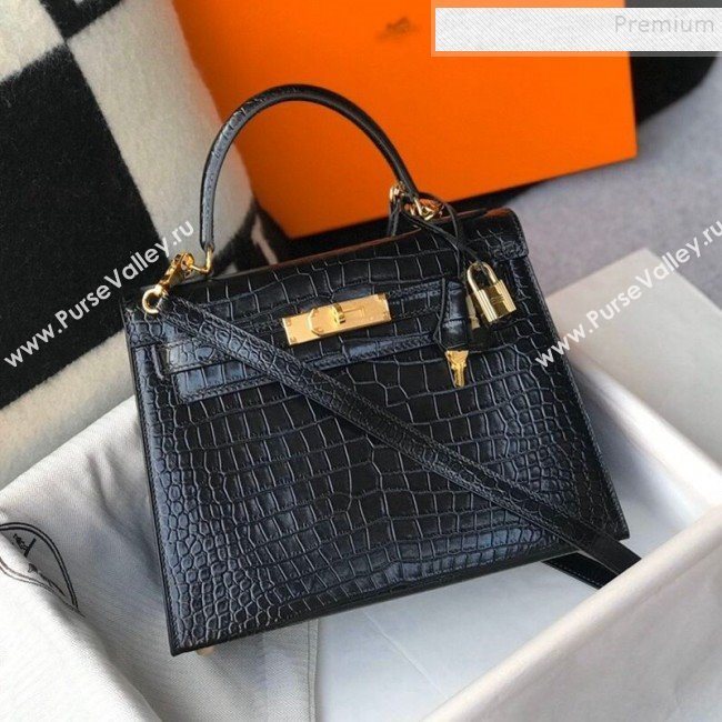 Hermes Kelly 25/28cm in Crocodile Embossed Calf Leather Black/Gold 2019 (Half Handmade) (FL-9122129)