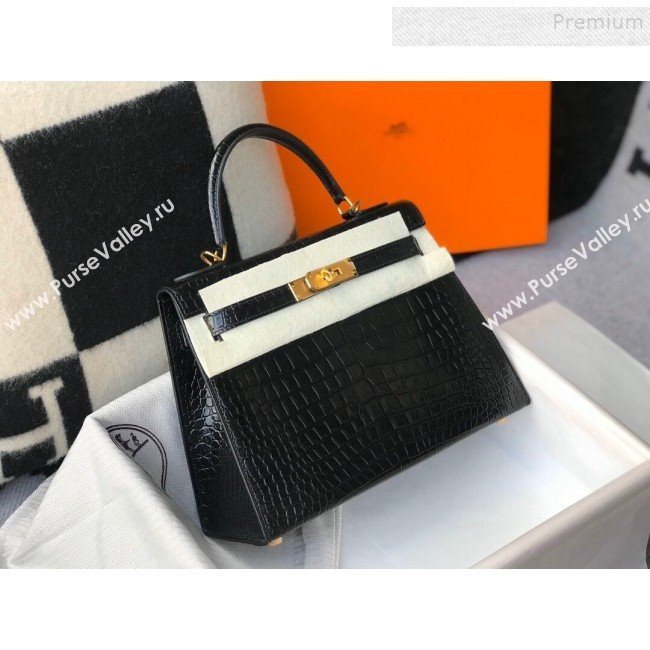 Hermes Kelly 25/28cm in Crocodile Embossed Calf Leather Black/Gold 2019 (Half Handmade) (FL-9122129)