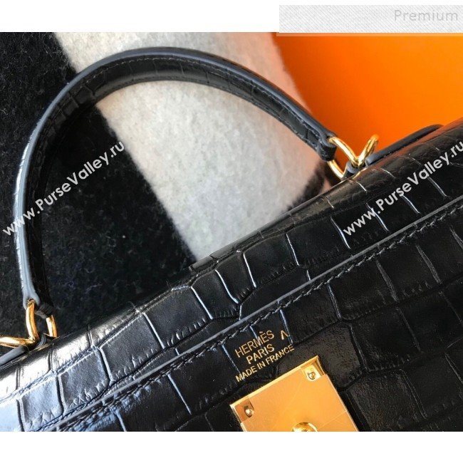 Hermes Kelly 25/28cm in Crocodile Embossed Calf Leather Black/Gold 2019 (Half Handmade) (FL-9122129)