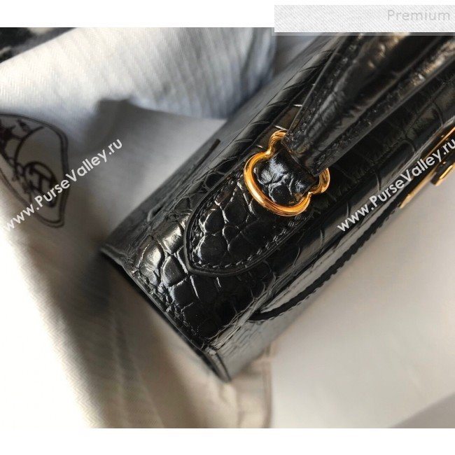 Hermes Kelly 25/28cm in Crocodile Embossed Calf Leather Black/Gold 2019 (Half Handmade) (FL-9122129)