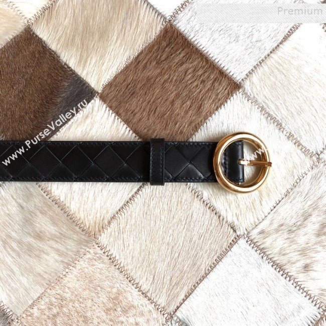 Bottega Veneta Woven Lambskin Belt 30mm with Circle Buckle Black 2019 (MS-9121938)
