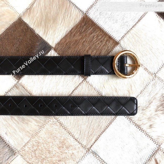 Bottega Veneta Woven Lambskin Belt 30mm with Circle Buckle Black 2019 (MS-9121938)