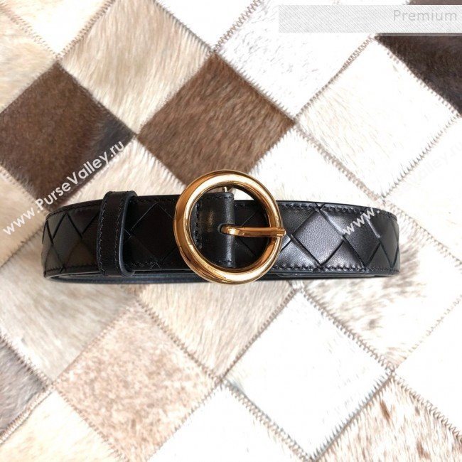 Bottega Veneta Woven Lambskin Belt 30mm with Circle Buckle Black 2019 (MS-9121938)