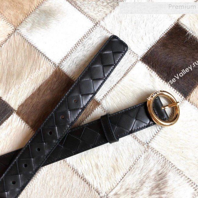 Bottega Veneta Woven Lambskin Belt 30mm with Circle Buckle Black 2019 (MS-9121938)