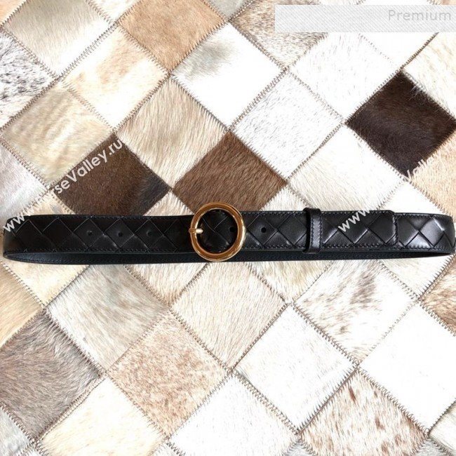Bottega Veneta Woven Lambskin Belt 30mm with Circle Buckle Black 2019 (MS-9121938)