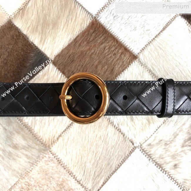 Bottega Veneta Woven Lambskin Belt 30mm with Circle Buckle Black 2019 (MS-9121938)
