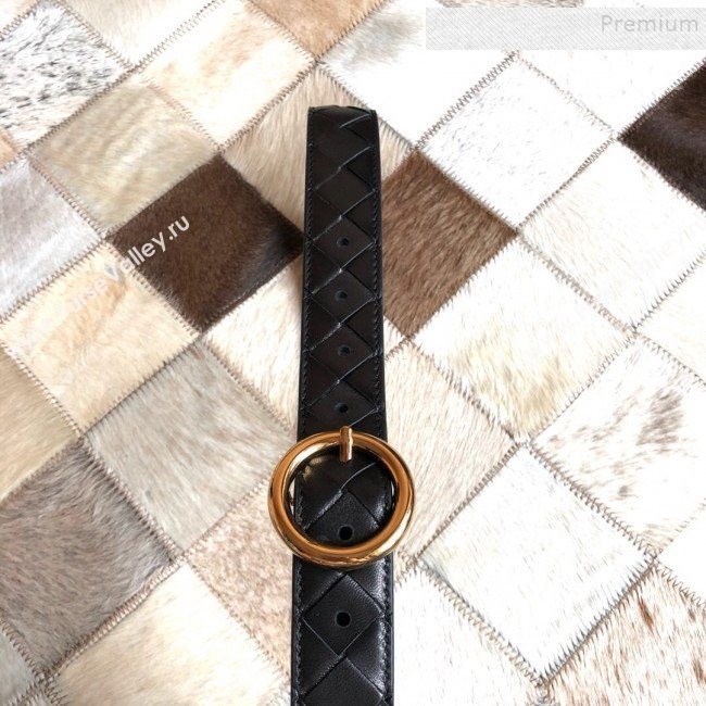 Bottega Veneta Woven Lambskin Belt 30mm with Circle Buckle Black 2019 (MS-9121938)