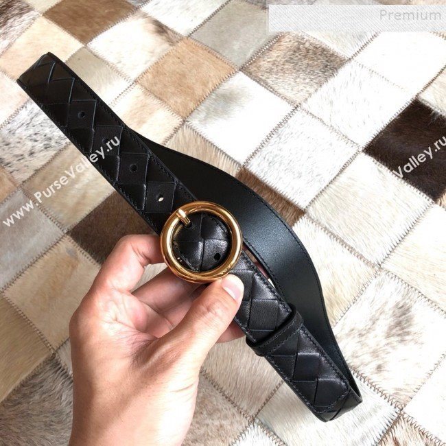 Bottega Veneta Woven Lambskin Belt 30mm with Circle Buckle Black 2019 (MS-9121938)
