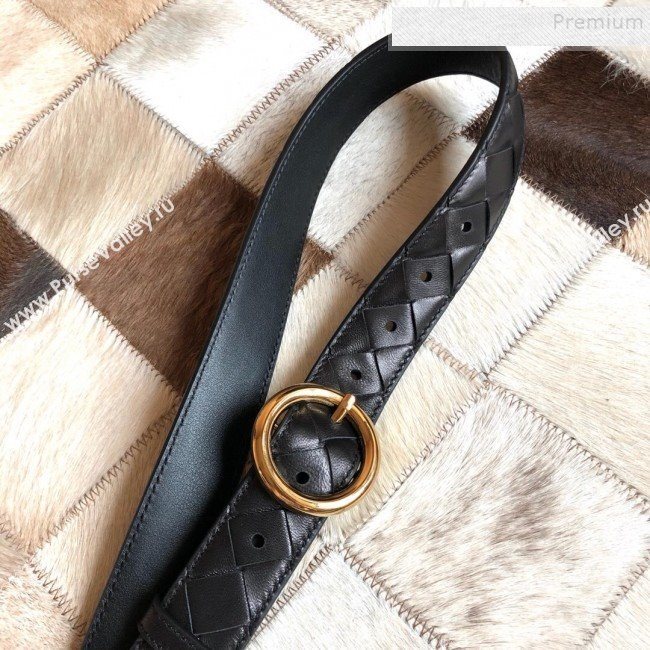 Bottega Veneta Woven Lambskin Belt 30mm with Circle Buckle Black 2019 (MS-9121938)