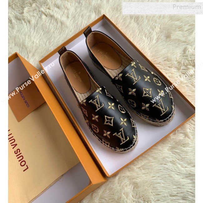 Louis Vuitton Monogram Golden Embroidered Flat Espadrilles Black 2019 (For Women and Men) (HB-9122010)