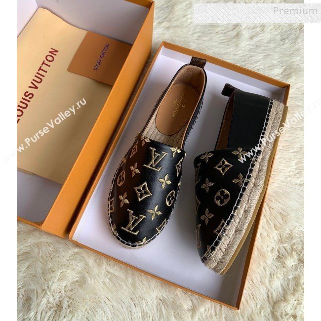 Louis Vuitton Monogram Golden Embroidered Flat Espadrilles Black 2019 (For Women and Men) (HB-9122010)