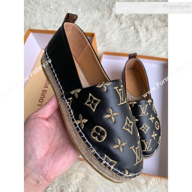 Louis Vuitton Monogram Golden Embroidered Flat Espadrilles Black 2019 (For Women and Men) (HB-9122010)